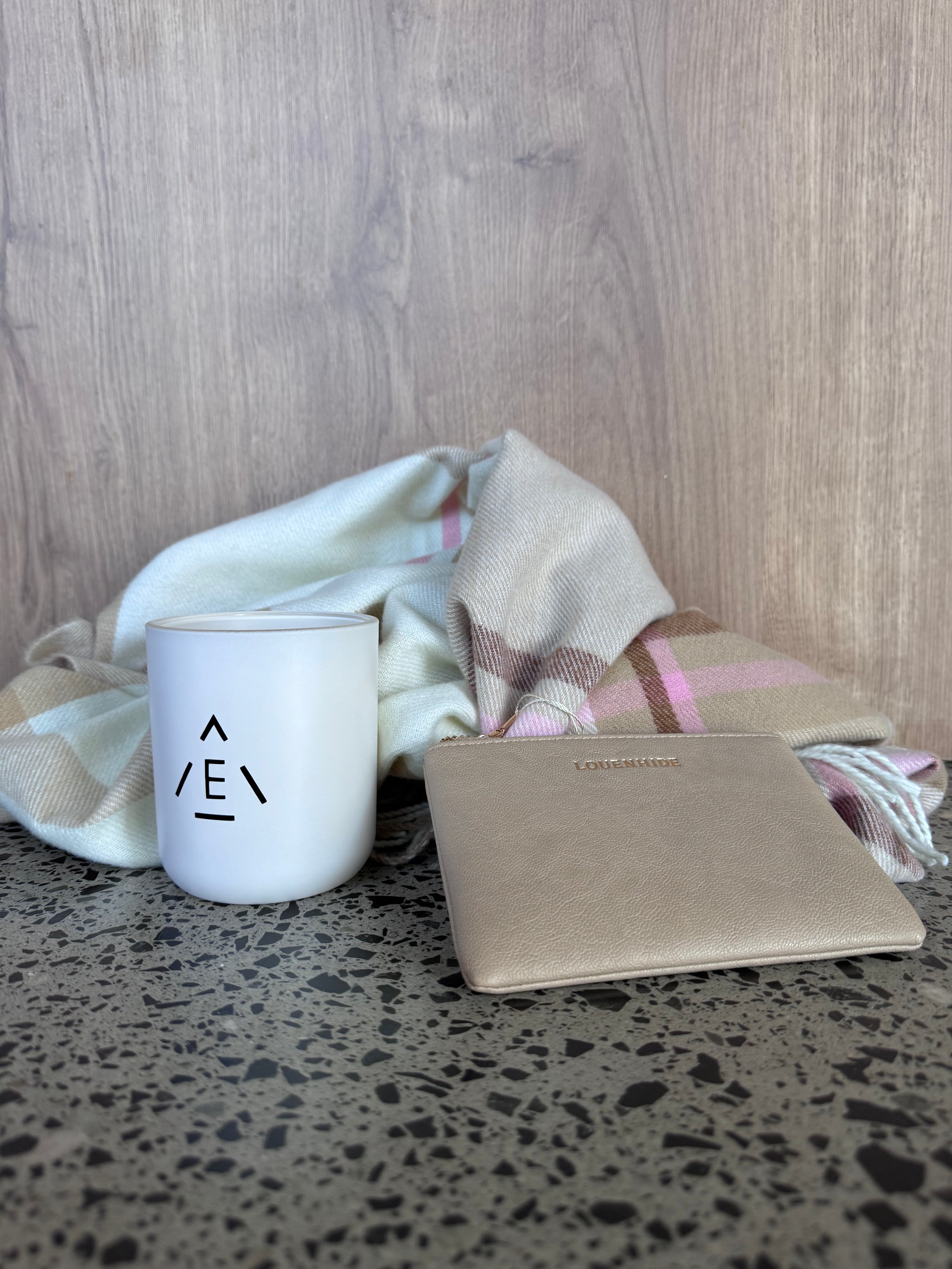 Blush Scarf, Candle and Purse